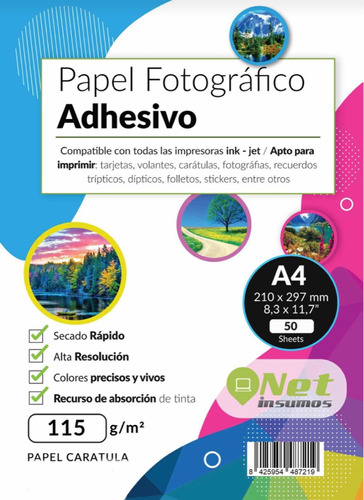 Papel Fotográfico Adhesivo 115 Gr Pack 50 A4