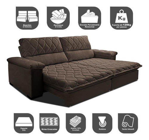 Sofá Retrátil Reclinável 2,95m Cama Inbox Big Home. Velusoft Cor Caf