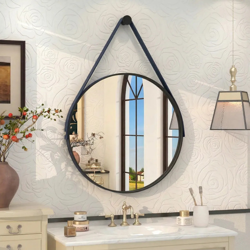 Espelho Redondo 60cm Adnet Alça de Couro Azul Dupla Costura e Suporte em Alumínio Quarto, Banheiro, Sala MF901