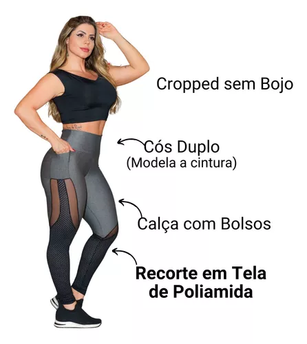 Conjunto Feminino Academia com Calça Legging e Cropped Fitness sem Bojo