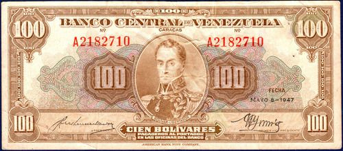 Billete De 100 Bolívares A7 Mayo 8 1947 Simón Bolívar