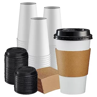 [100 Sets 16 Oz. Disposable Coffee Cups With Lids, Slee...