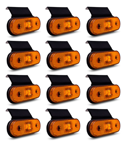 12 Lanternas Laterais Baú Caminhão Âmbar 3 Leds Com Suporte