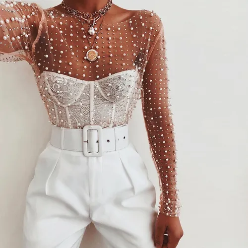 Camisa Transparente De Encaje Con Perlas Para Mujer