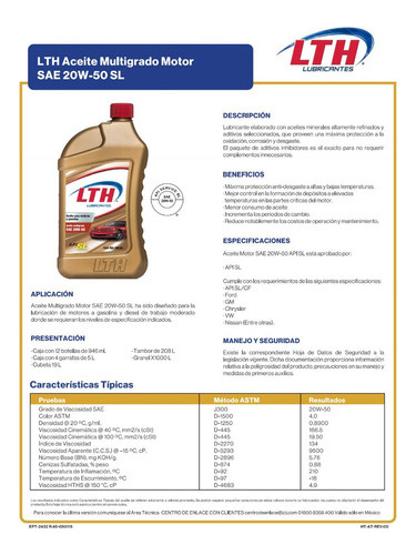 Aceite Motor 20w50 Mineral Multigrado 5l Oficial Lth