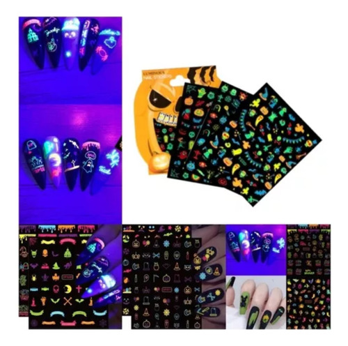 Stickers Luminosos Para Uñas Halloween Set X6 Hojas Nail Art