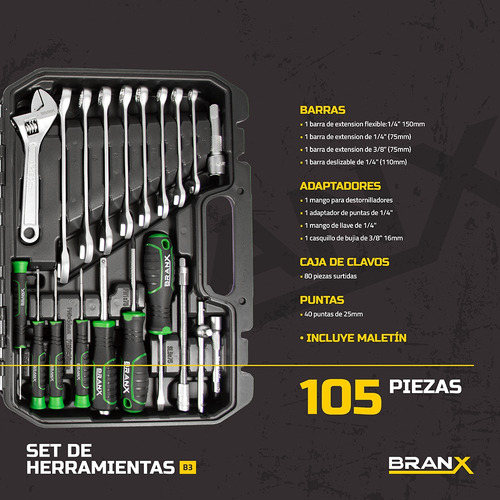 Set Juego Herramientas Maletin Branx 105 Pzas C Vanadio B3