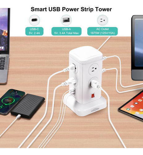 Torre De Regleta Con 6 Puertos Usb Y 8 Salidas Ca De 6.5 Pie