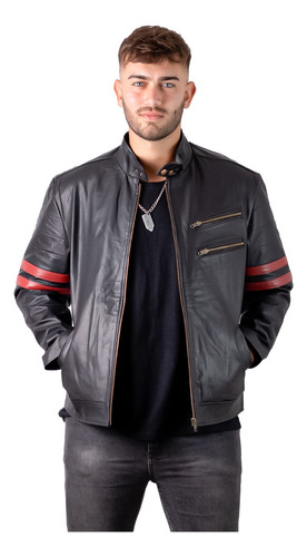 Campera De Cuero De Vaca Hombre, Cuero Vacuno 100% Moto Raya