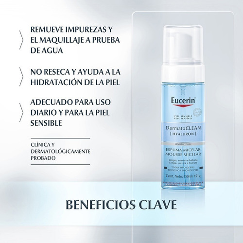 Imagen 3 de 7 de Espuma Limpiadora Facial Micelar Eucerin Dermatoclean 150ml
