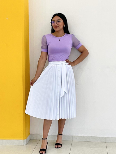 Falda Tableada Con Diseño De Botones Y Moño