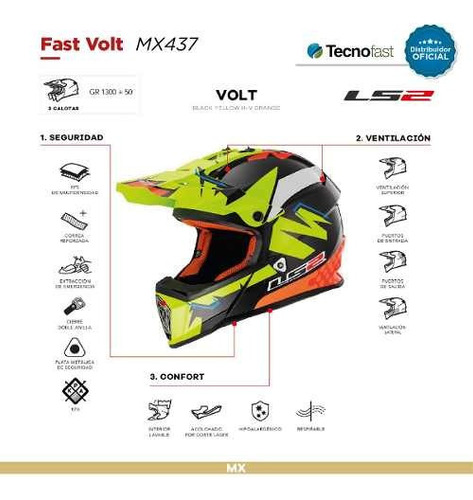 Cascos Motocross Mx Ls2 437 Fast Volt Negro Naranja Amaril Color Negro/Amarillo fluo Tamaño del casco M