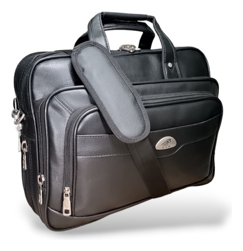 Pasta Executiva Em Nylon Preto Com Alça De Couro, Compatível Com Notebooks Até 17 , 4 Compartimentos Internos, 3 Bolsos, Alça De Ombro Ajustável
