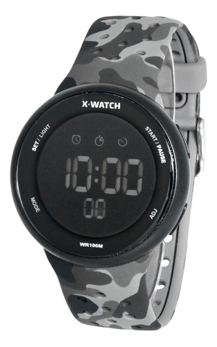 Relógio X-watch Masculino Digital Camuflado Cinza Xmppd584w Bisel Preto Fundo Preto Negativo