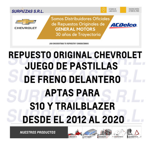 Pastillas Freno Chevrolet 100% S10 2012/,,,,, (94770229)
