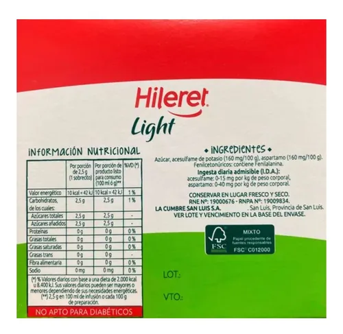 Edulcorante Hileret Light 100 Sobrecitos De 2,5g