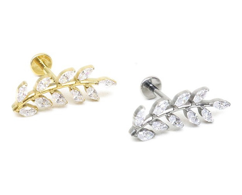 Piercing Folha Ramo Titânio Com Zircônias Rosca Interna Cor Dourado Pvd
