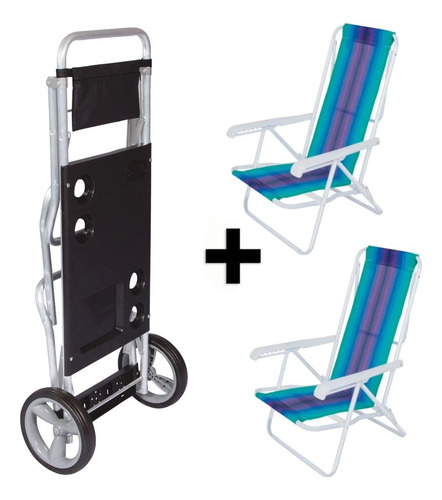 Kit Carrinho De Praia Com Avanço + 2 Cadeiras De Praia Aço