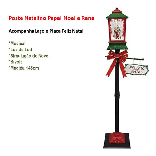 Poste Com Papai Noel E Rena Luz Neve Música 148cm Bivolt