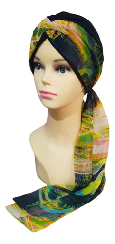 Turbante Oncológico Para Mujer De Algodón C/ Banda Mascada Color Negro Amarillo Multicolores
