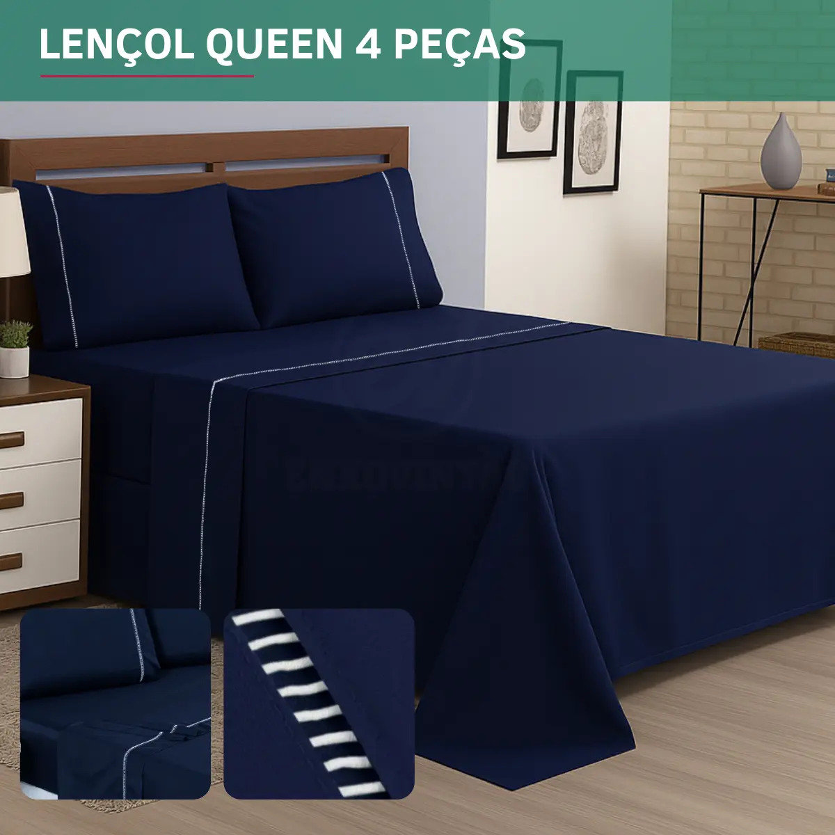 Jogo De Lençol Queen Padrão 4 Peças Micropercal Acetinado Fronhas C/ Acabamento Ponto Palito Toque Aveludado Luxo Cor Azul Marinho