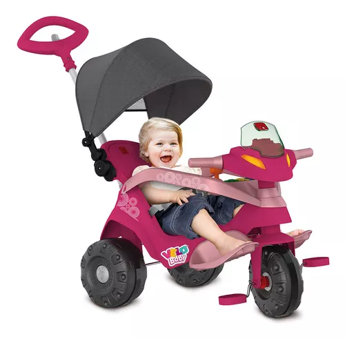 Triciclo Motoca Infantil Passeio com Empurrador Pedal Luz Som Capota  Importway BW-003 Rosa