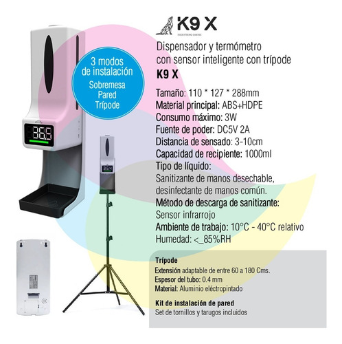 Imagen 2 de 10 de Dispenser Y Termómetro Inteligente K9x Con Trípode