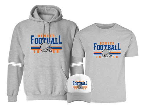 Pack Sudadera, Playera Y Gorra Con Diseño Denver Football