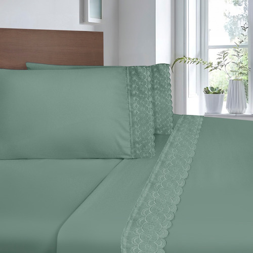Juego De Sabanas Individual Verde Olivo Bordadas Elefantito Diseño De La Tela Liso