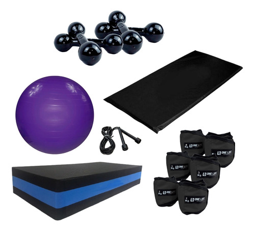 Kit Step + Colchonete + Caneleiras + Halteres + Bola + Corda