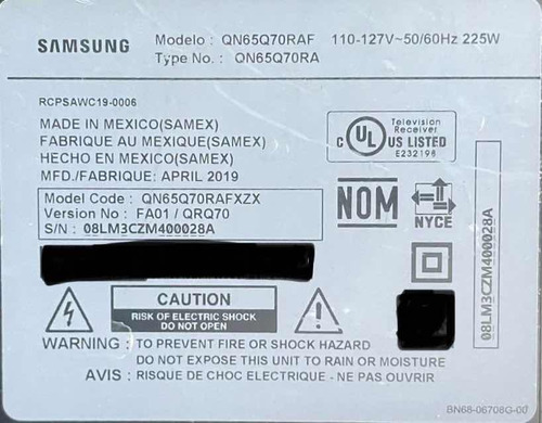 Bn41-02695a Main Samsung Qn65q70raf Vers. Fa01 / Qrq70 Usada (Usado)