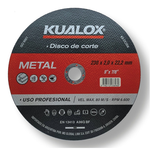 Pack 5 Discos De Corte Metal 230 Mm X 2.0 Mm 9 PuLG Kualox