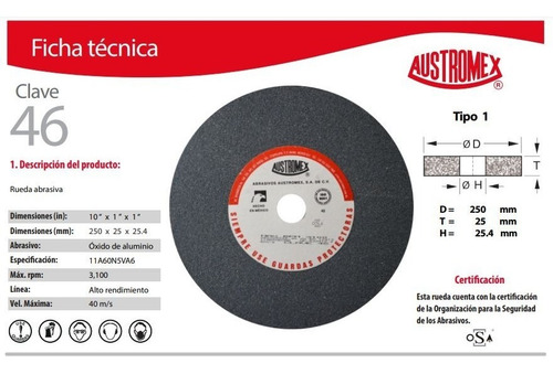 Piedra Para Esmeril De 10 X 1 X 1 Grano 60 Austromex Aus-46