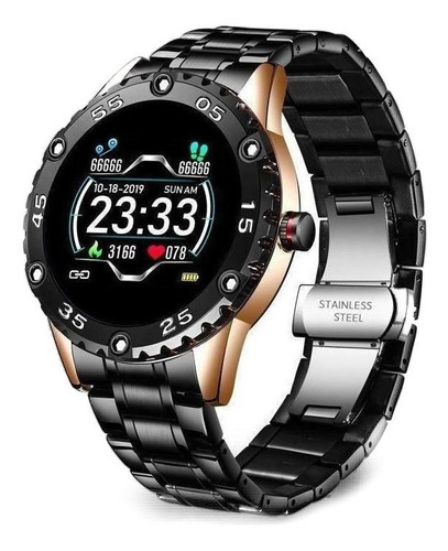 Smartwatch Lige IP67 1.3" caja  gold, malla  black de  acero inoxidable y bisel  black