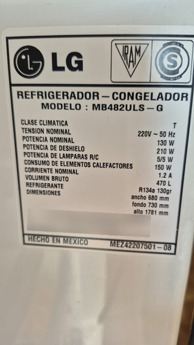 Heladera Lg Mb482uls-g No Frost 413lts Freezer Wilde Leer! Gris (Usado)