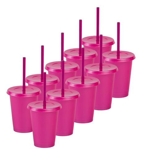 12 Vasos Reusables Tipo Star 12 Oz Con Tapa Plana Rosa Metalico