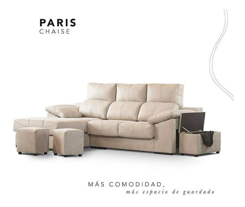 Sillón Sofa Cama Paris 3 + Chaise Longue Esquinero Rinconero 3 Cuerpos  Baulera + 2 Puff
