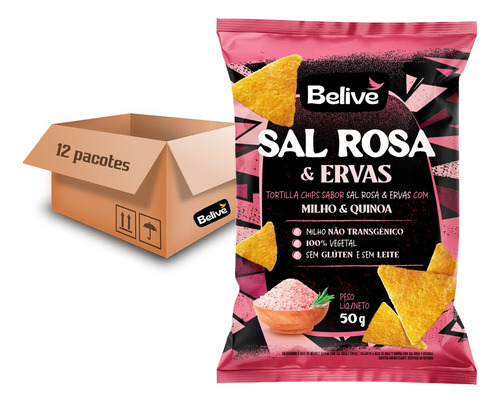 Tortilla Chips Belive Sal Rosa E Ervas 50g (12 Pacotes) Kit