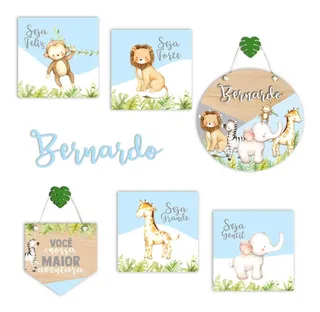 porta maternidade cerquinha safari Kit Placas Porta Maternidade E Nome Safári - Azul