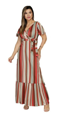 Imagem 8 de 9 de Vestido Longo Listrado Decote Transpassado C/ Faixa Feminino