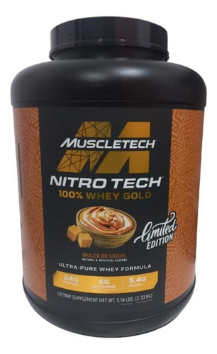 A proteína em pó MuscleTech Nitro Tech 100% Whey Gold complementa o sabor do leite doce em um frasco de 0 mL
