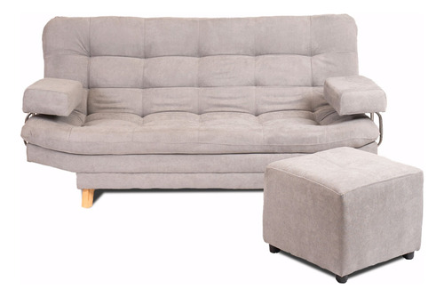 Sofa Cama Valencia Plata + Puff + 2 Cojines Tela Antirasguño