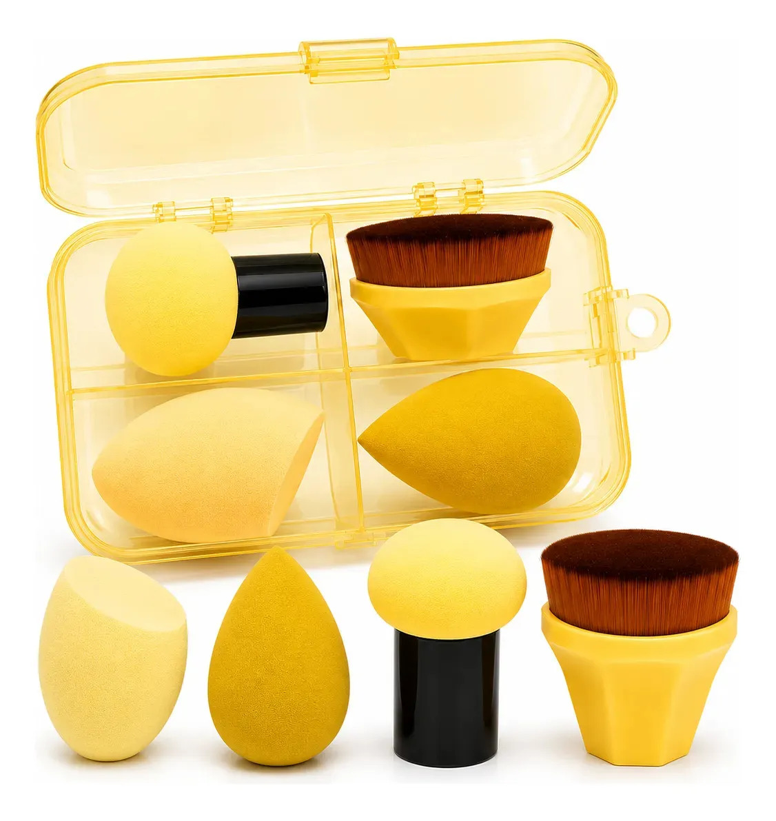 Kit Estojo Esponja Maquiagem Make Up Macia Gota Cogumelo Chanfrada 360 Pincel Hexagonal Portátil Blend Para Base Corretivo Pó Blush Amarelo