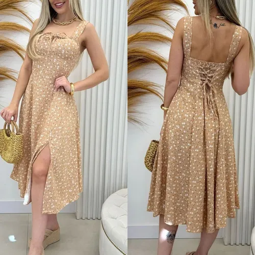 Vestido Midi Com Fenda Lateral Moda Verão 3.0 Girls Alça
