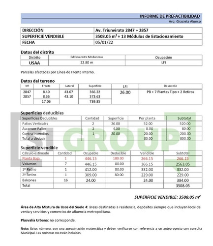 Imagen 2 de 2 de Terreno Doble; V. Ortúzar; Av. Triunvirato 2847+2857, 3500 M2 Vend. + 13 Cocheras