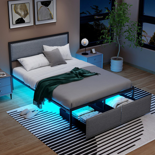Base De Cama Con Cajon Y Luez Led Gris Listones Gpl