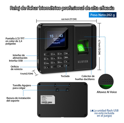Reloj Checador Huella Biométrico Digital Kuiiyer Soporte Para 12 Idiomas Y Voz Aisoporte Para El Reconocimiento De Huellas Dactilares Reconocimiento De Pin Soporte Para Exportar Datos Por Usb