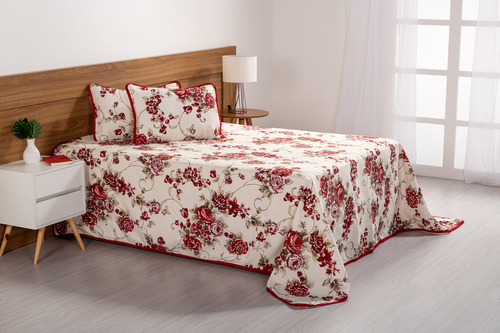 Cobre Leito Colcha Piquet  King 3 Peças Estampado Florido Vermelho Casa Laura Enxovais 2,80 X 2,50m