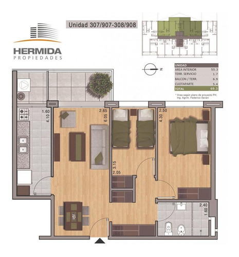2 Dormitorios En Venta. Piso Alto, Soleado Y Despejado.