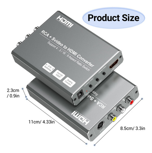 Conversor Rca Svideo A Hdmi 720p/1080p Con Conmutador 4:3/16